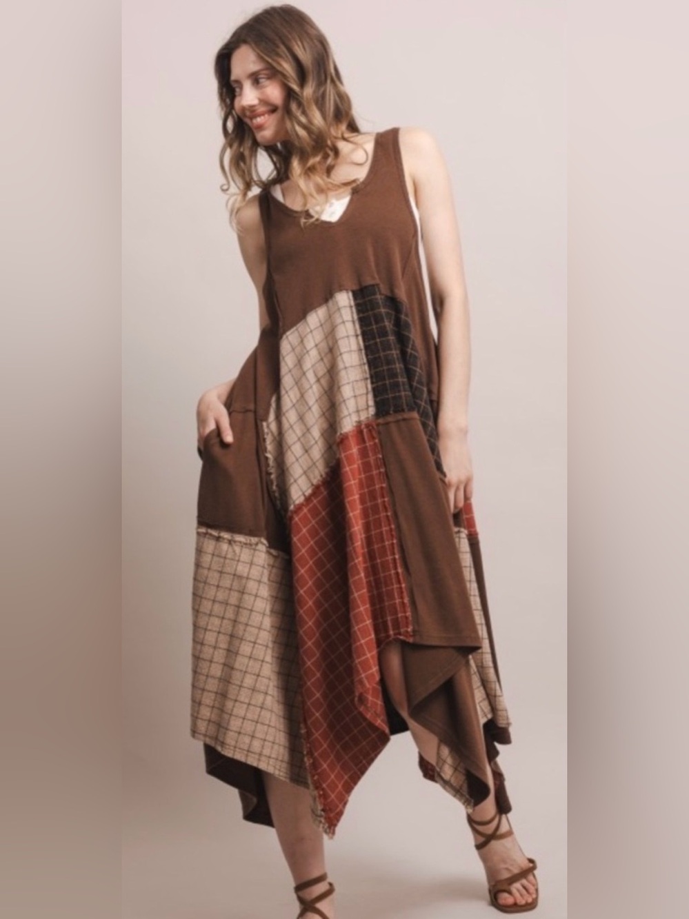 Blue Velvet Boutique- Brown Patchwork Sleeveless Knit Racerback Dress
